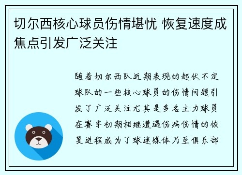 切尔西核心球员伤情堪忧 恢复速度成焦点引发广泛关注