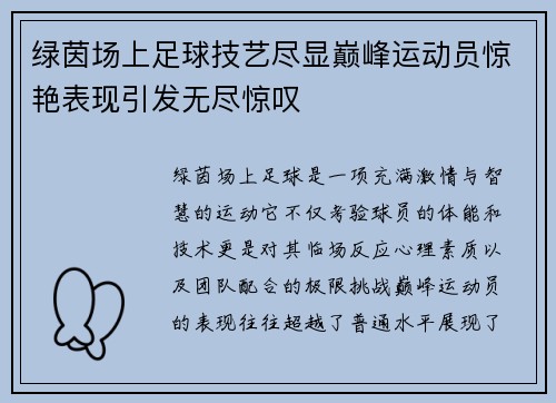 绿茵场上足球技艺尽显巅峰运动员惊艳表现引发无尽惊叹