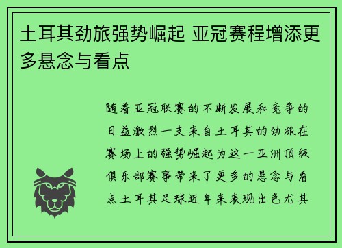 土耳其劲旅强势崛起 亚冠赛程增添更多悬念与看点