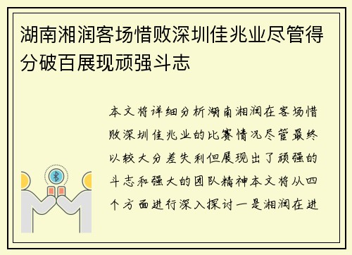 湖南湘润客场惜败深圳佳兆业尽管得分破百展现顽强斗志