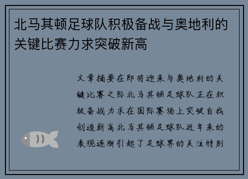 北马其顿足球队积极备战与奥地利的关键比赛力求突破新高