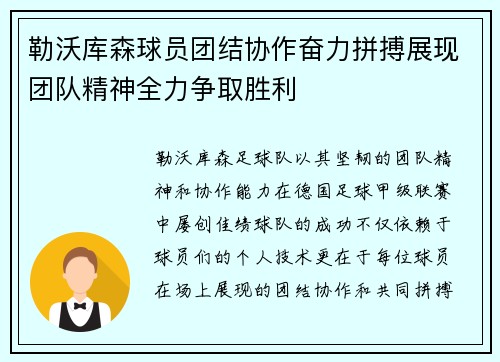 勒沃库森球员团结协作奋力拼搏展现团队精神全力争取胜利