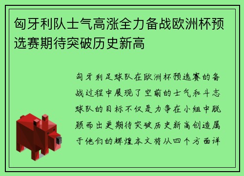 匈牙利队士气高涨全力备战欧洲杯预选赛期待突破历史新高