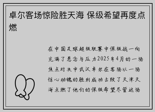 卓尔客场惊险胜天海 保级希望再度点燃