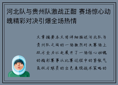河北队与贵州队激战正酣 赛场惊心动魄精彩对决引爆全场热情