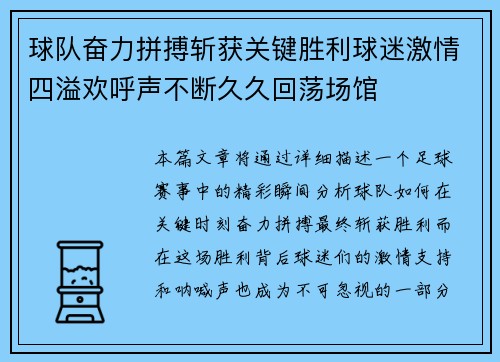 球队奋力拼搏斩获关键胜利球迷激情四溢欢呼声不断久久回荡场馆