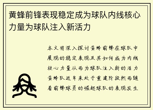 黄蜂前锋表现稳定成为球队内线核心力量为球队注入新活力
